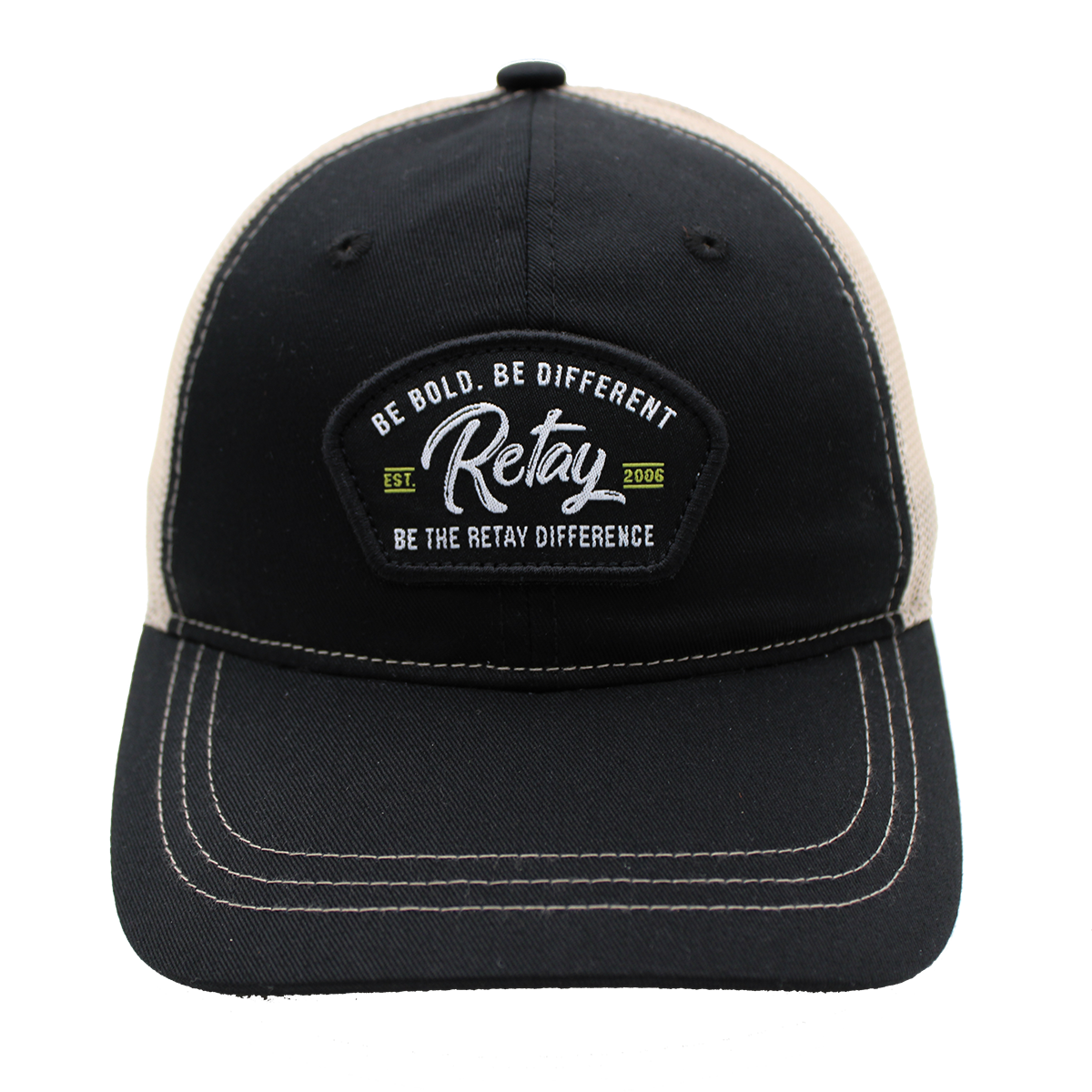 Black and beige cap with Retay logo and text on a white background