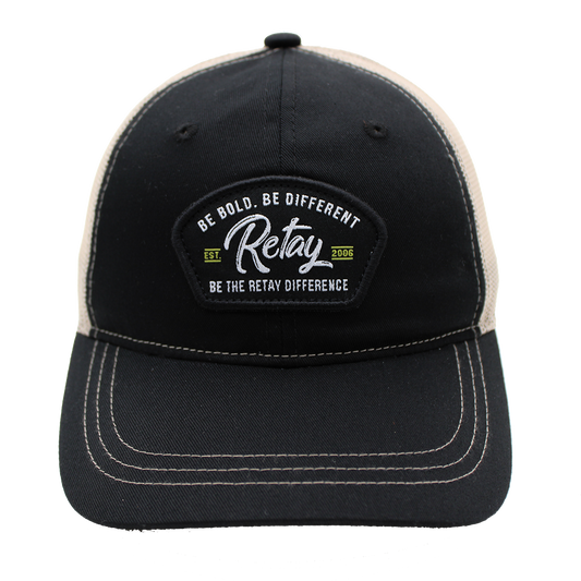 Black and beige cap with Retay logo and text on a white background