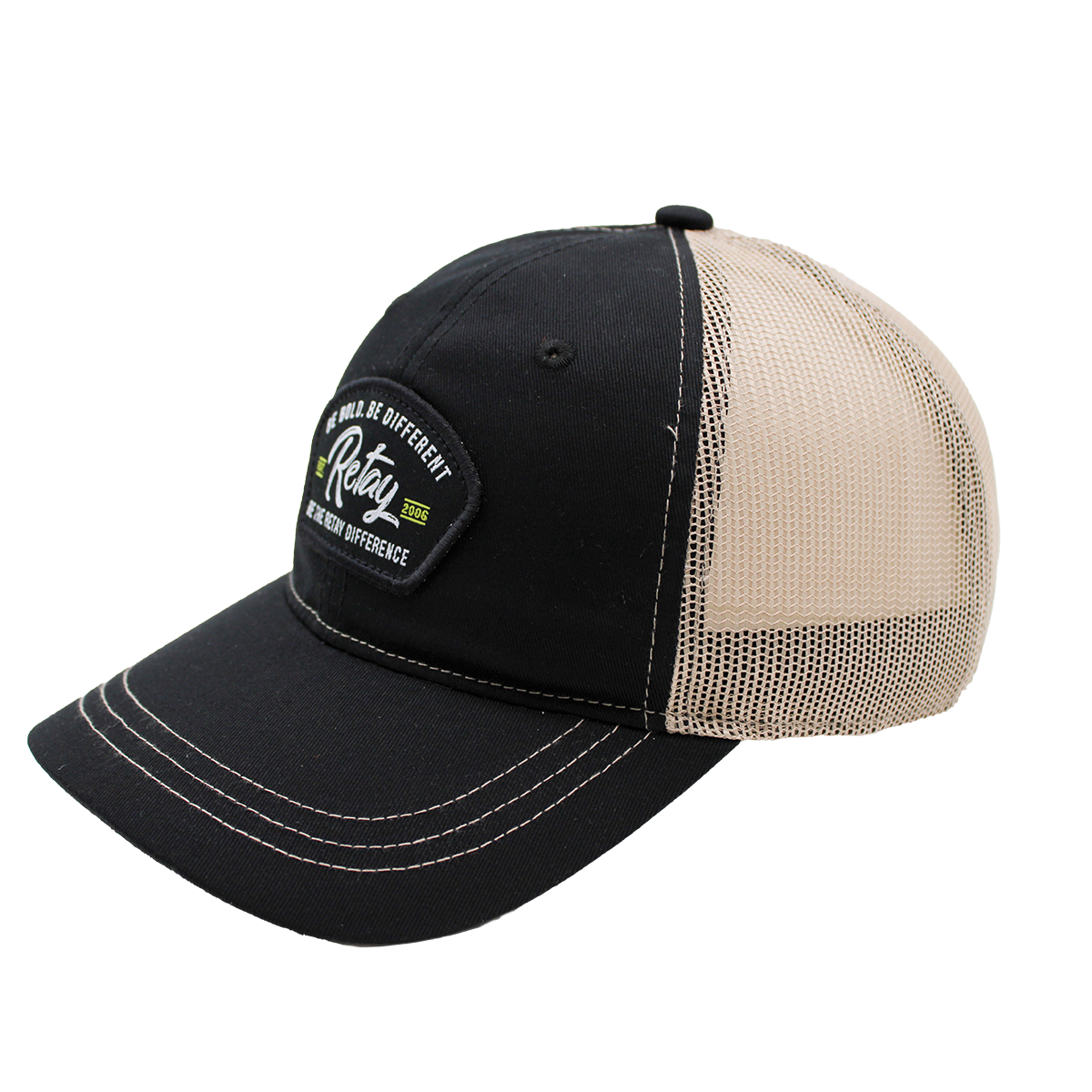 Black and beige trucker cap with a logo on a white background