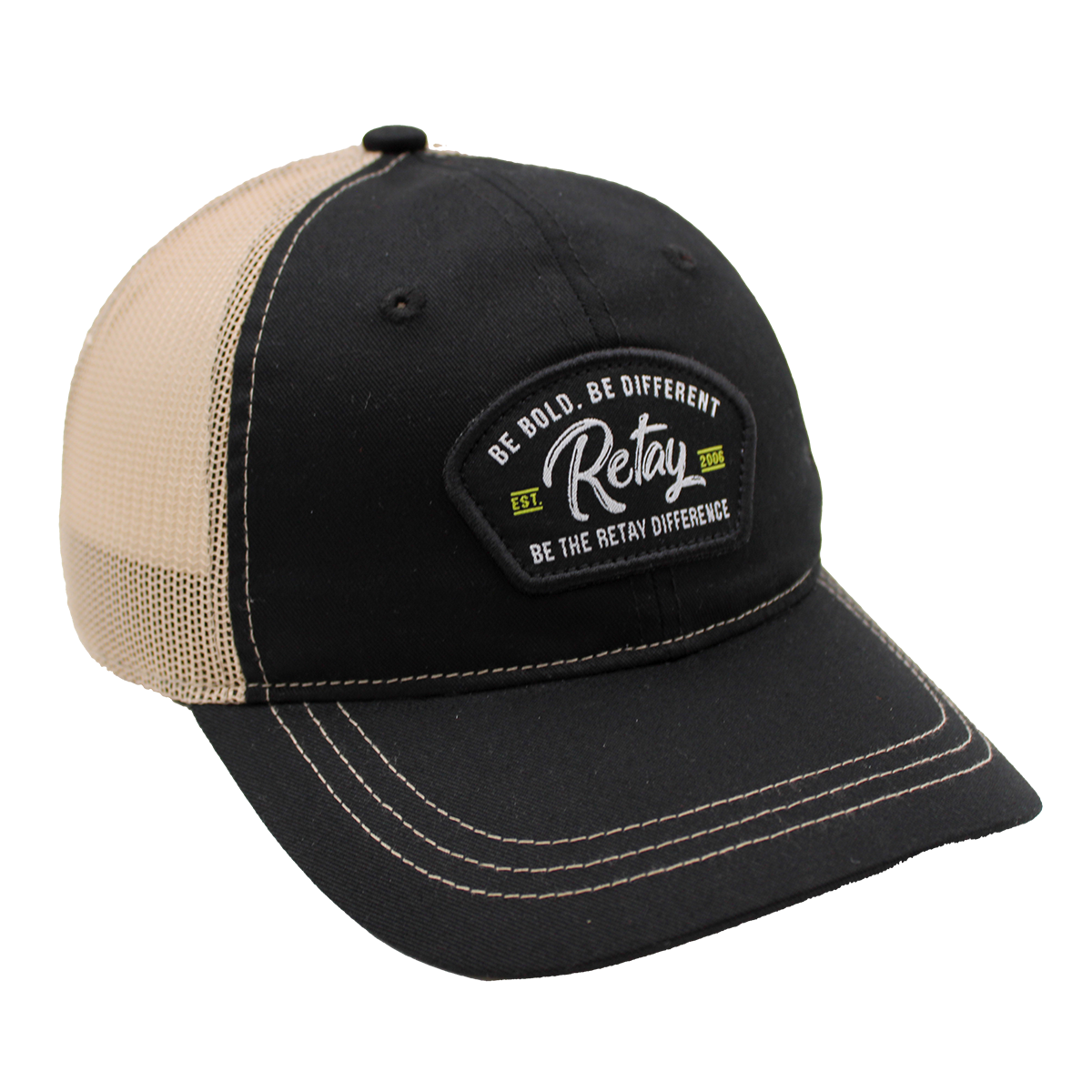 Black and beige cap with a Retay logo on a white background
