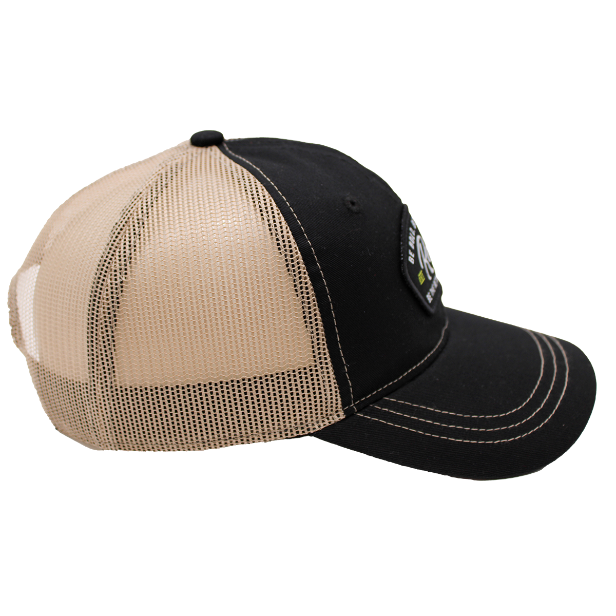 Beige and black mesh cap with a logo on a white background