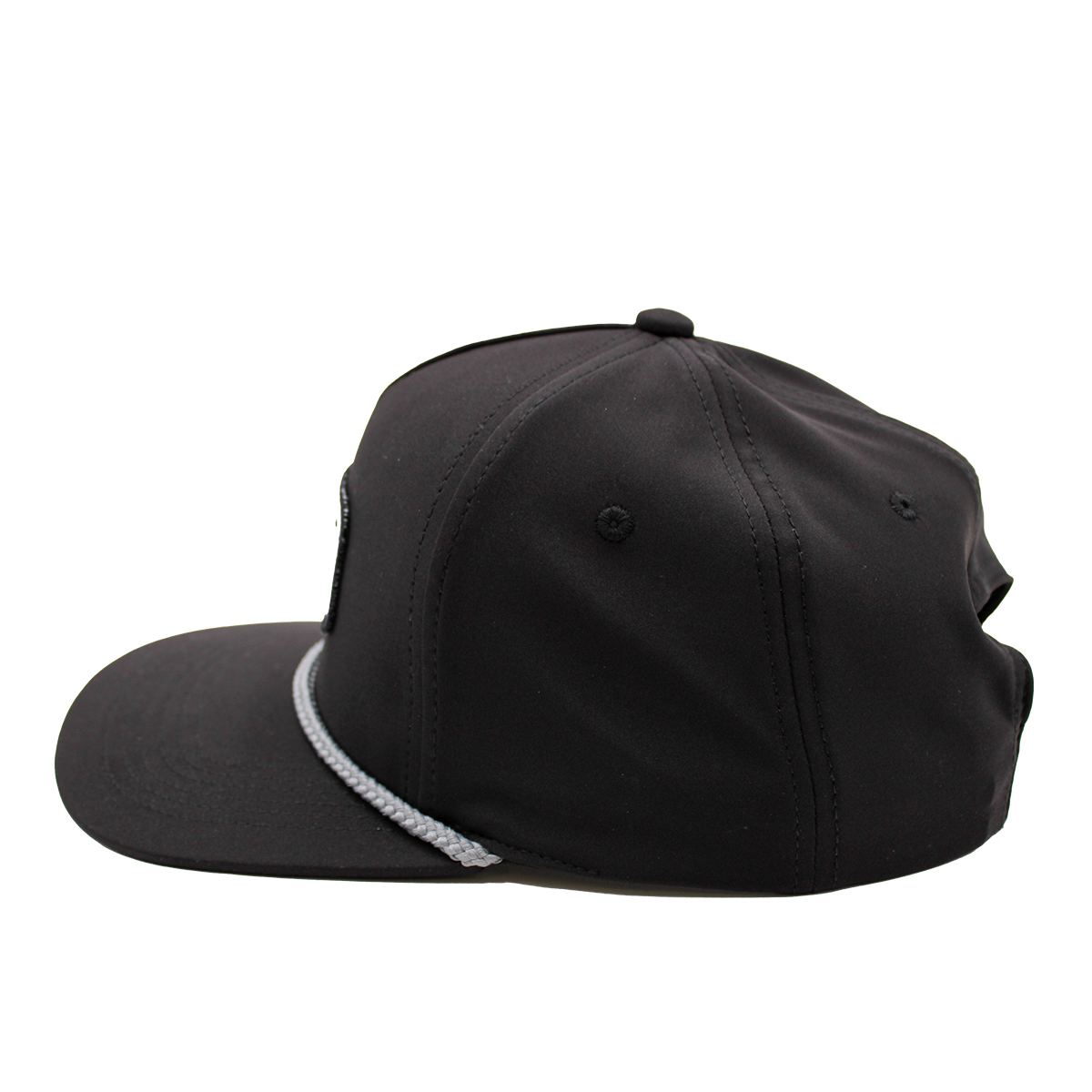 Black cap with a gray brim on a white background