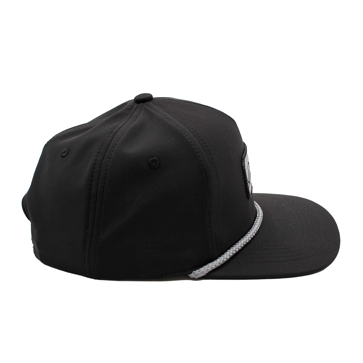Black cap with a white rope detail on a white background