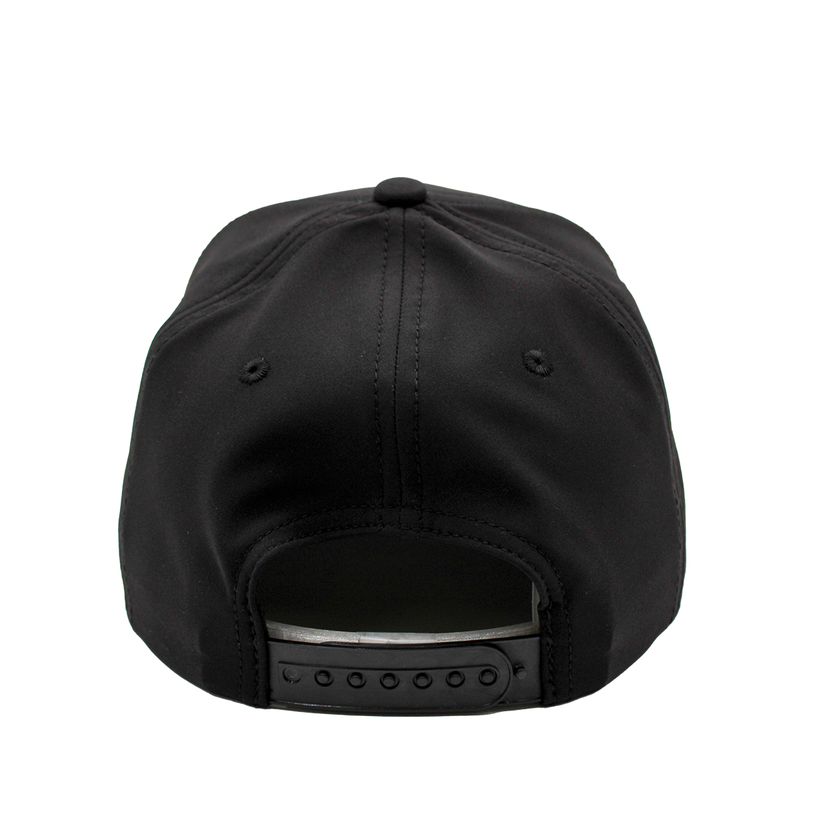 Black cap with a reflective strip on the back against a white background