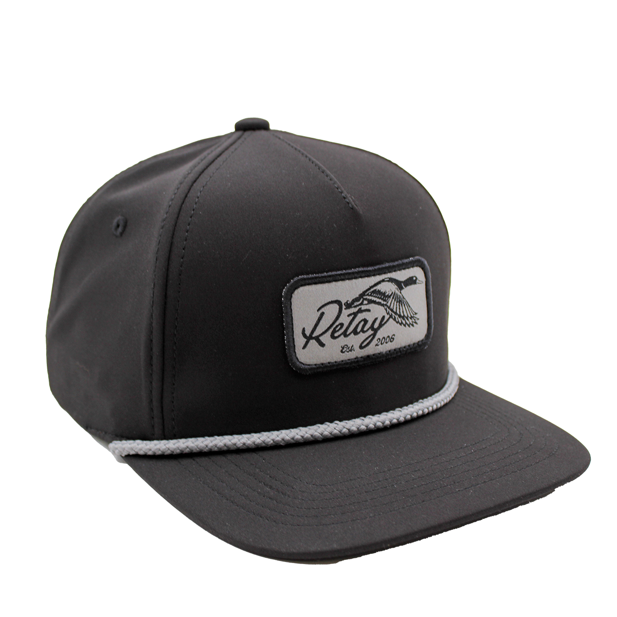 Black cap with a white logo patch on a white background