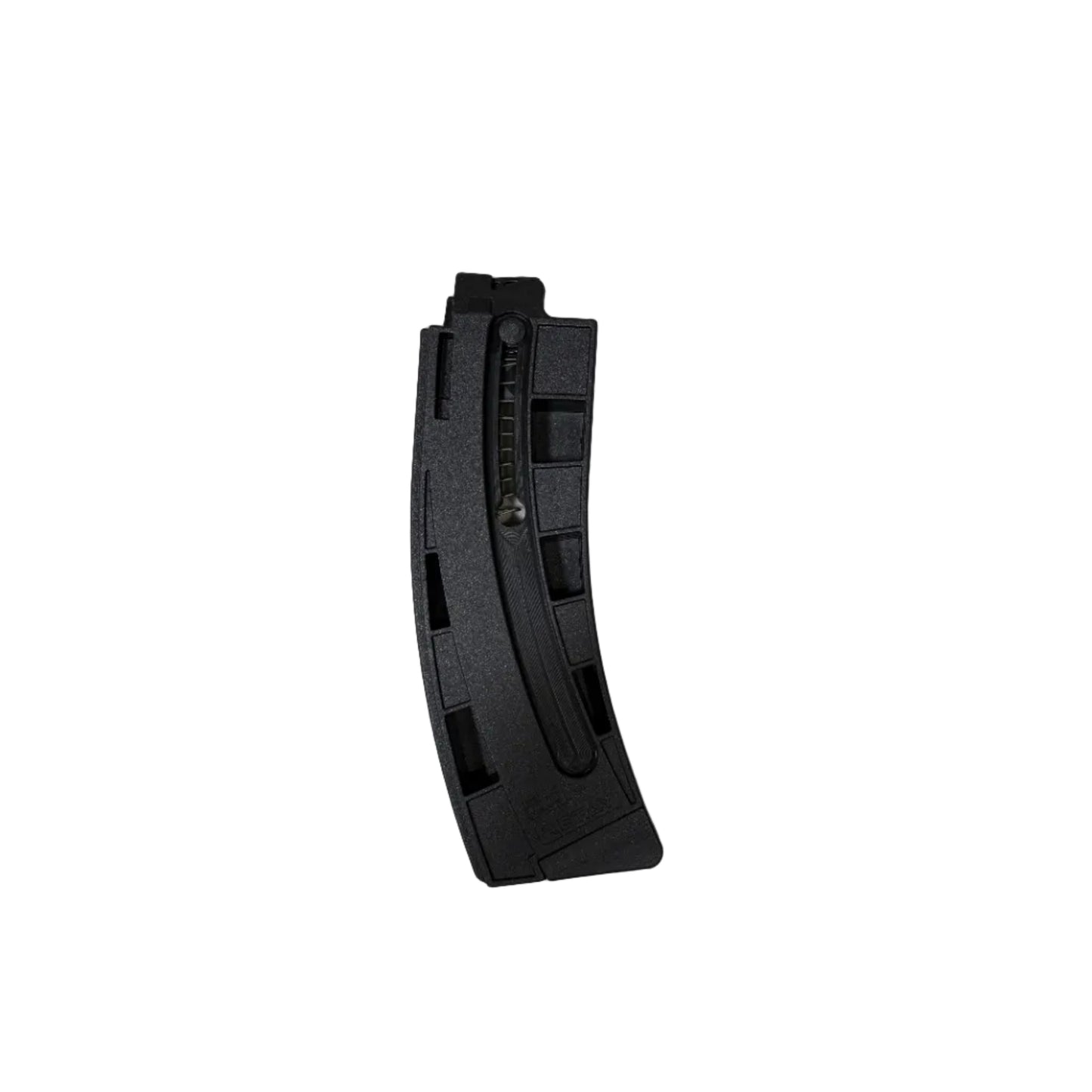 Black rifle magazine on a white surface with a gun partially visible.