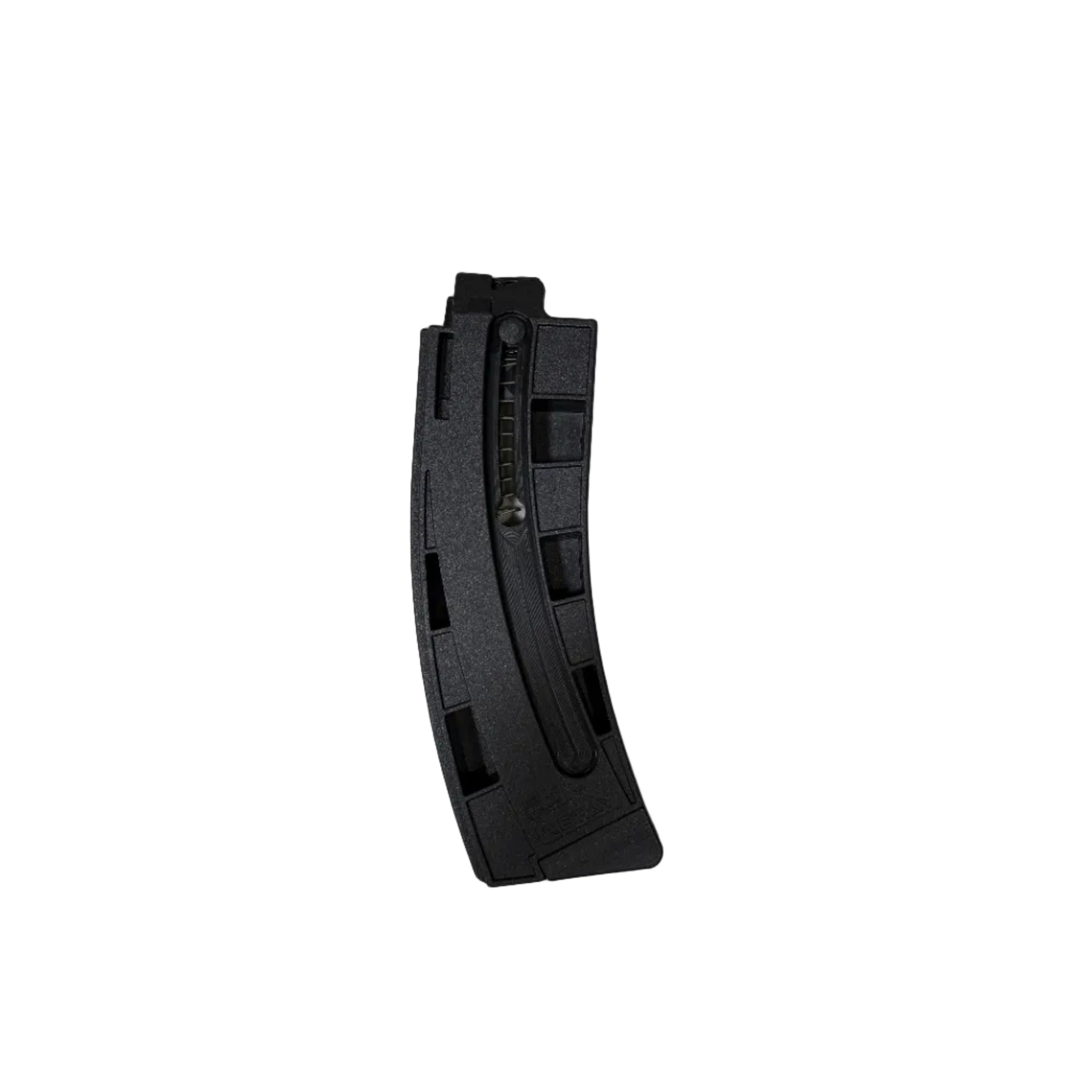 Black rifle magazine on a white surface with a gun partially visible.